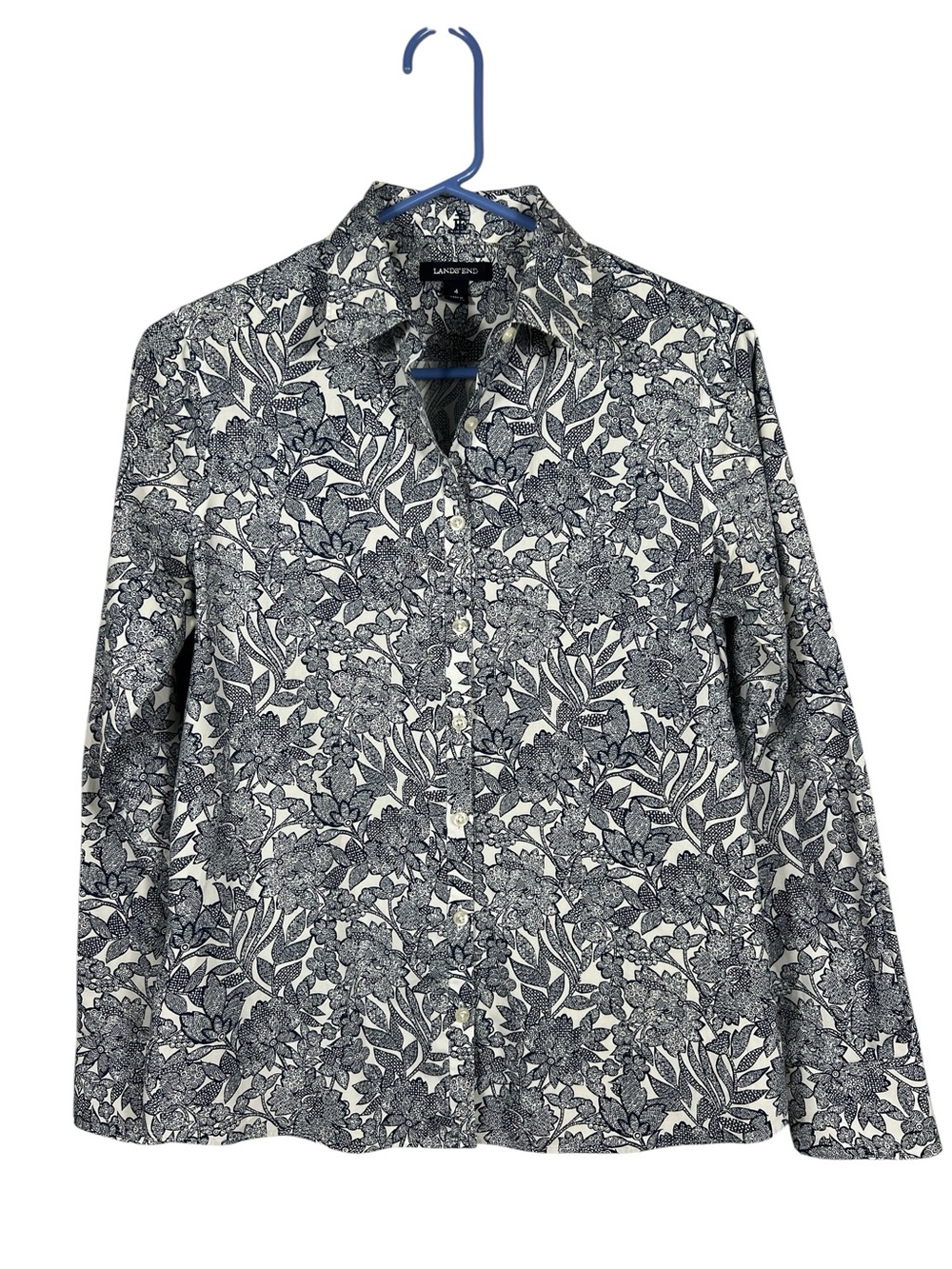LANDS END WOMENS navy white crisp floral button down cotton shirt botanical sz 4